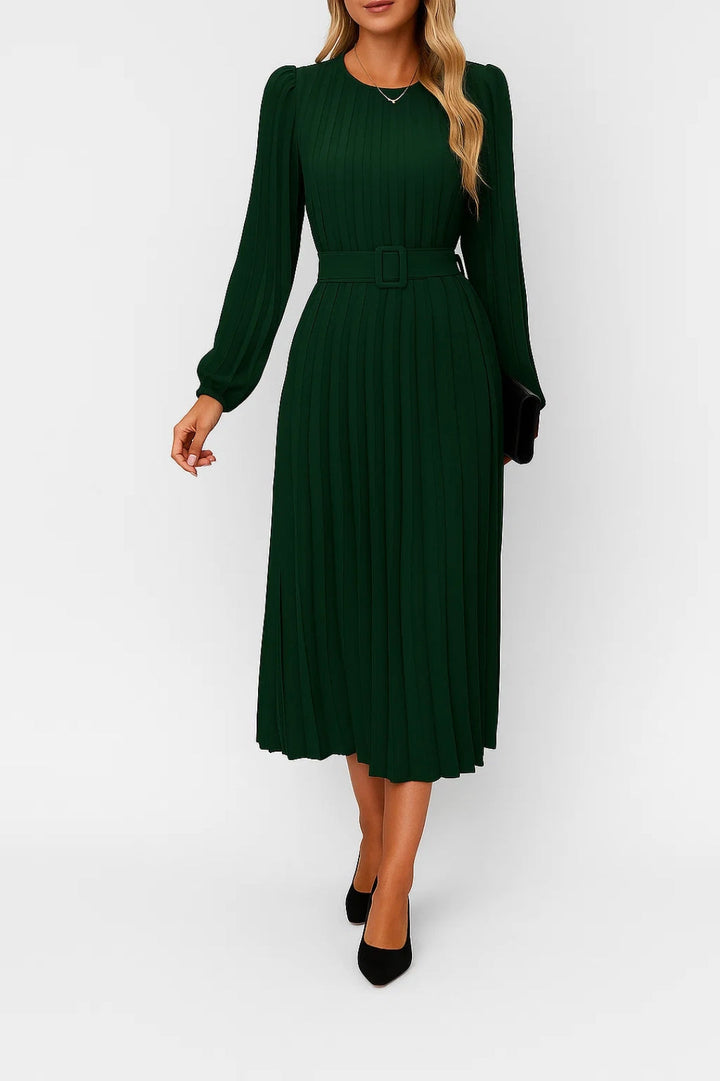 Women's Long Sleeve Dress | Pleated Midi Dress with Belt | Regular Fit | Sophisticated Feminine Style
