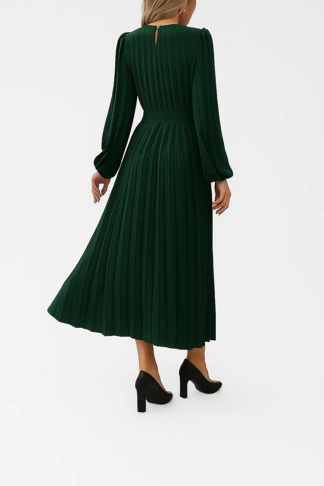 Women's Long Sleeve Dress | Pleated Midi Dress with Belt | Regular Fit | Sophisticated Feminine Style