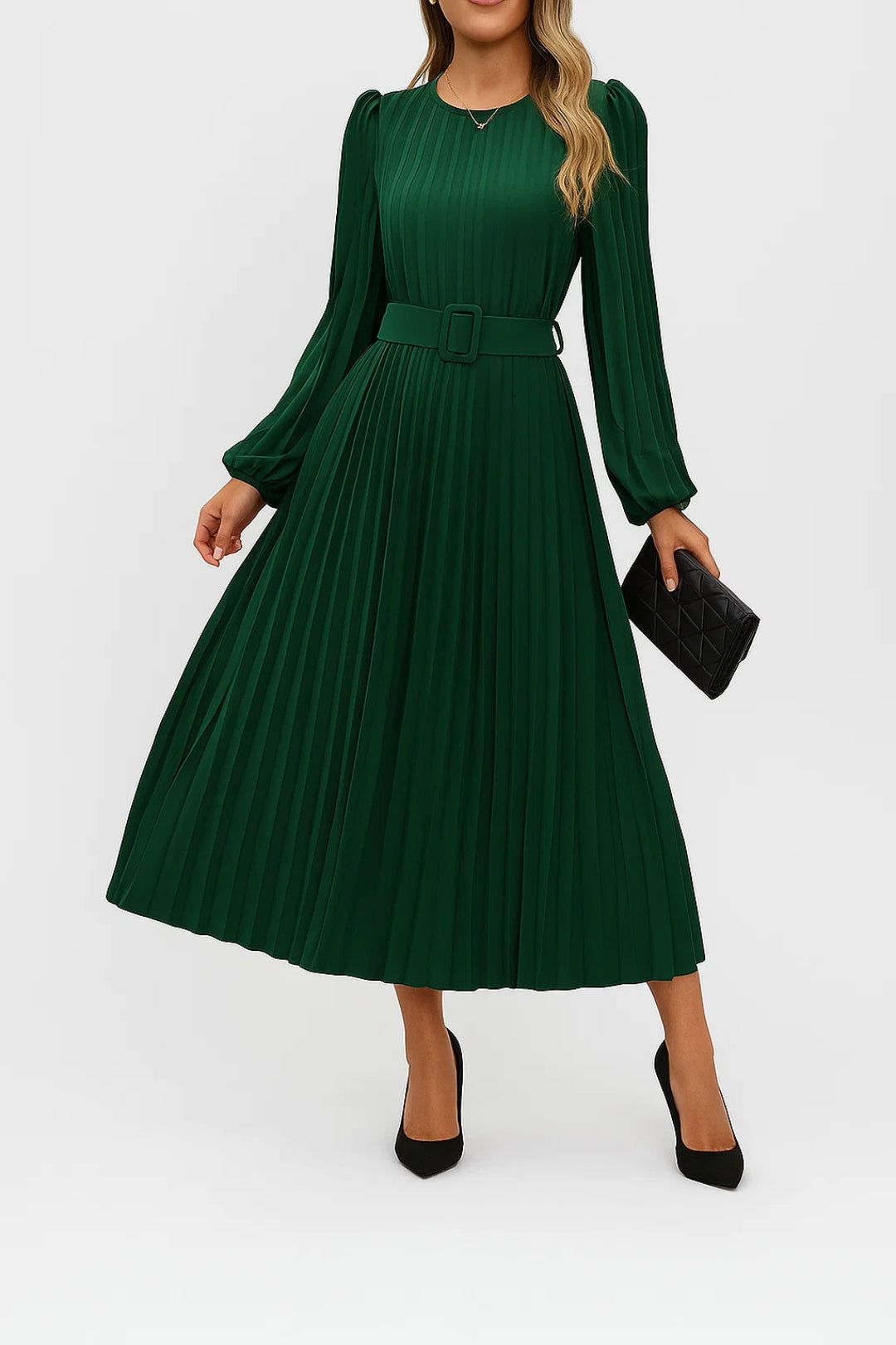Women's Long Sleeve Dress | Pleated Midi Dress with Belt | Regular Fit | Sophisticated Feminine Style
