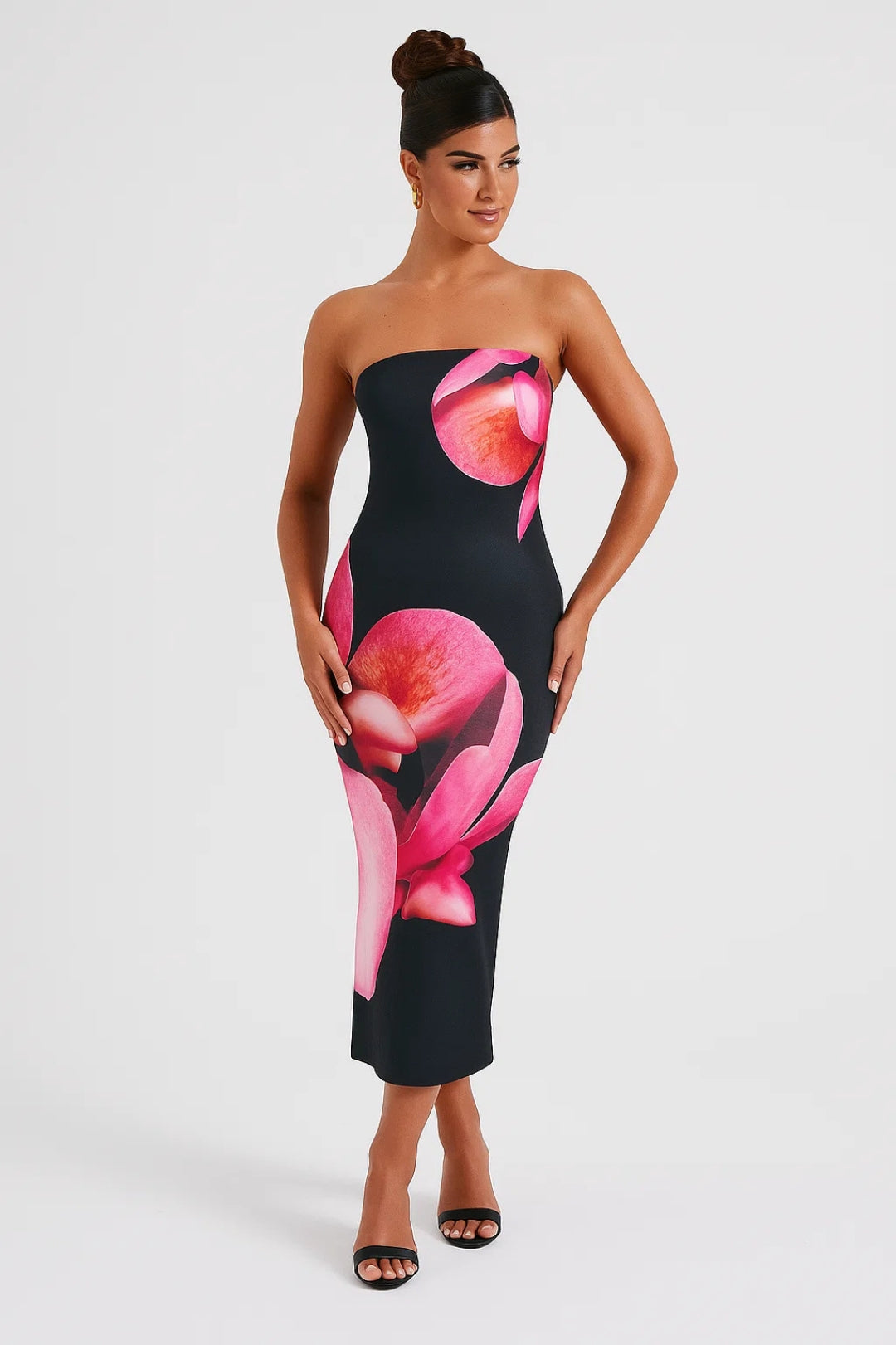 Women's Midi Dress | Slim Fit Strapless Dress | Floral Pattern | Elegant Evening Style
