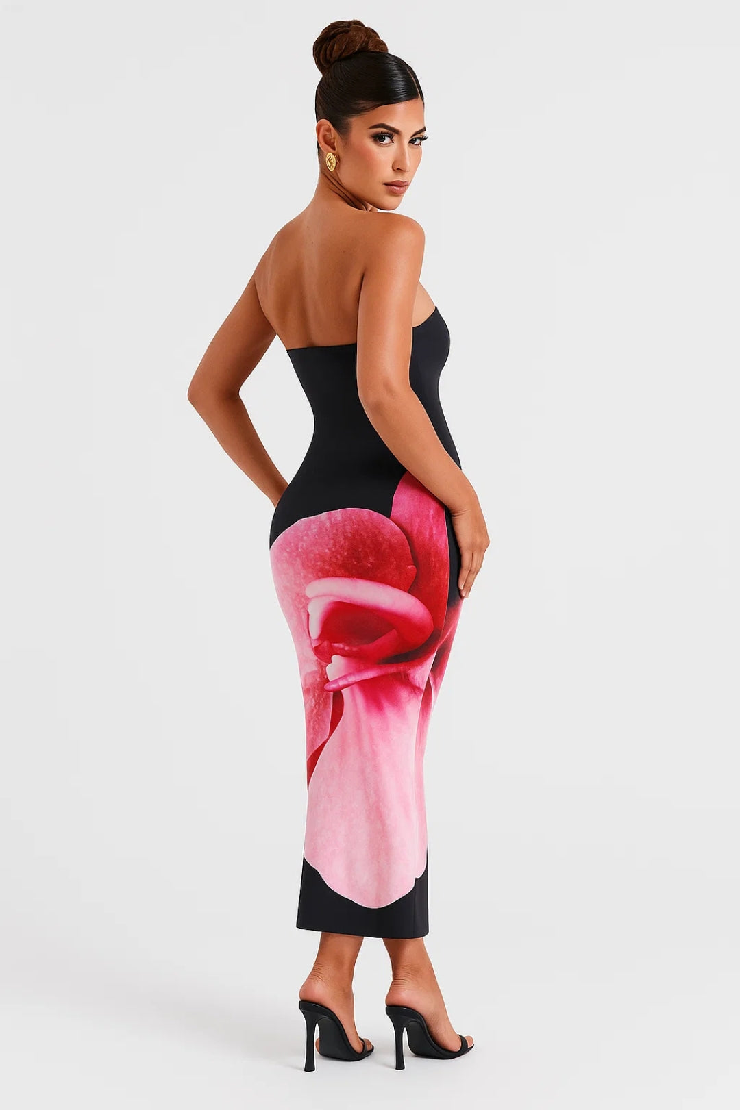 Women's Midi Dress | Slim Fit Strapless Dress | Floral Pattern | Elegant Evening Style