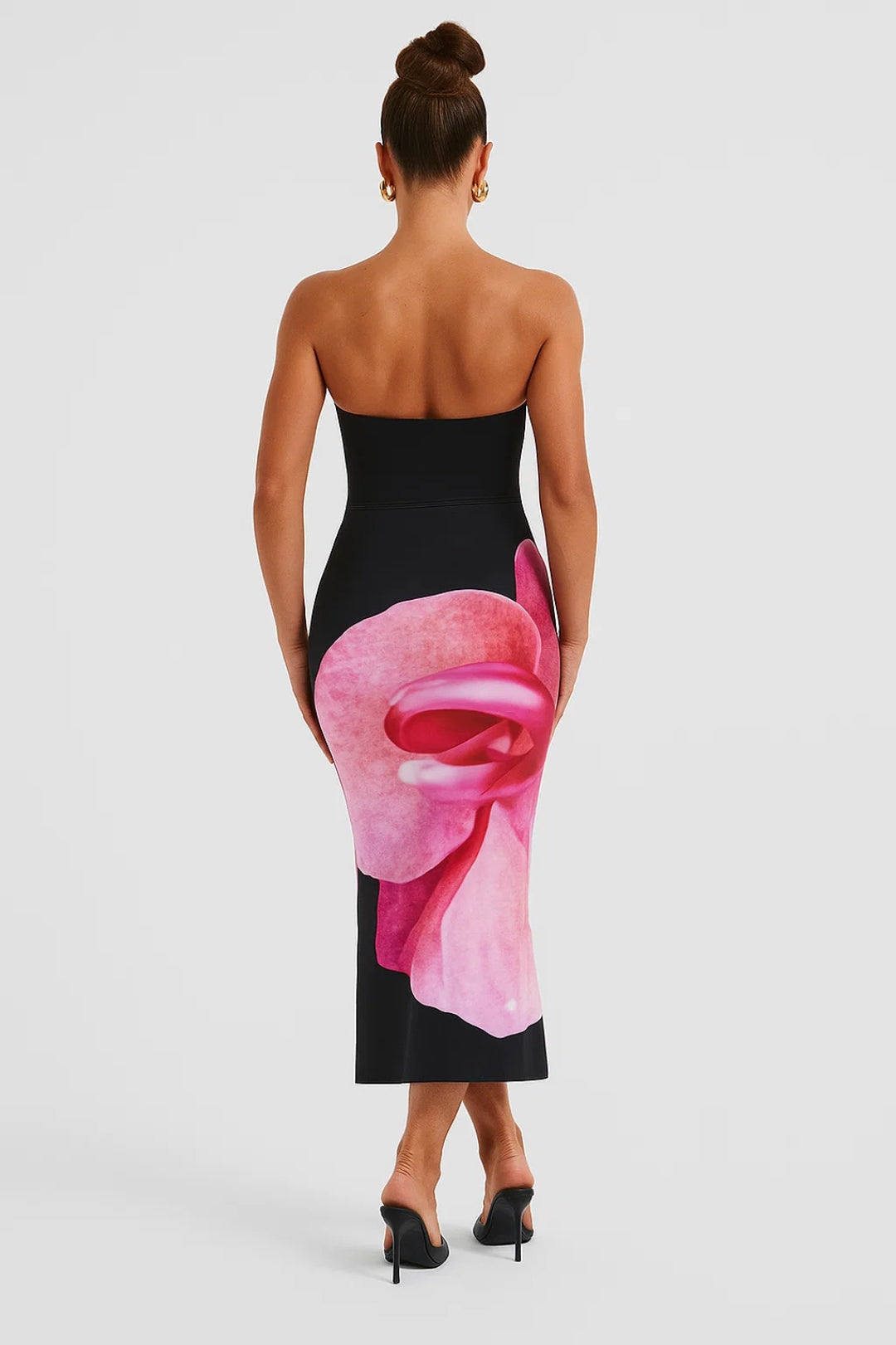 Women's Midi Dress | Slim Fit Strapless Dress | Floral Pattern | Elegant Evening Style