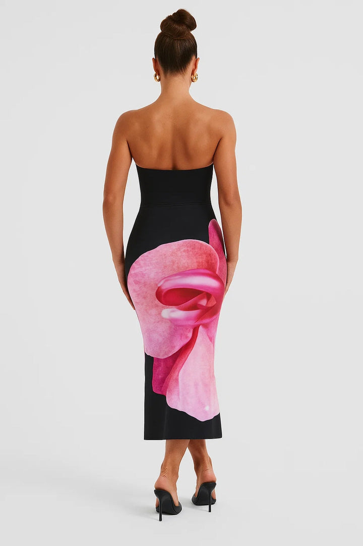 Women's Midi Dress | Slim Fit Strapless Dress | Floral Pattern | Elegant Evening Style