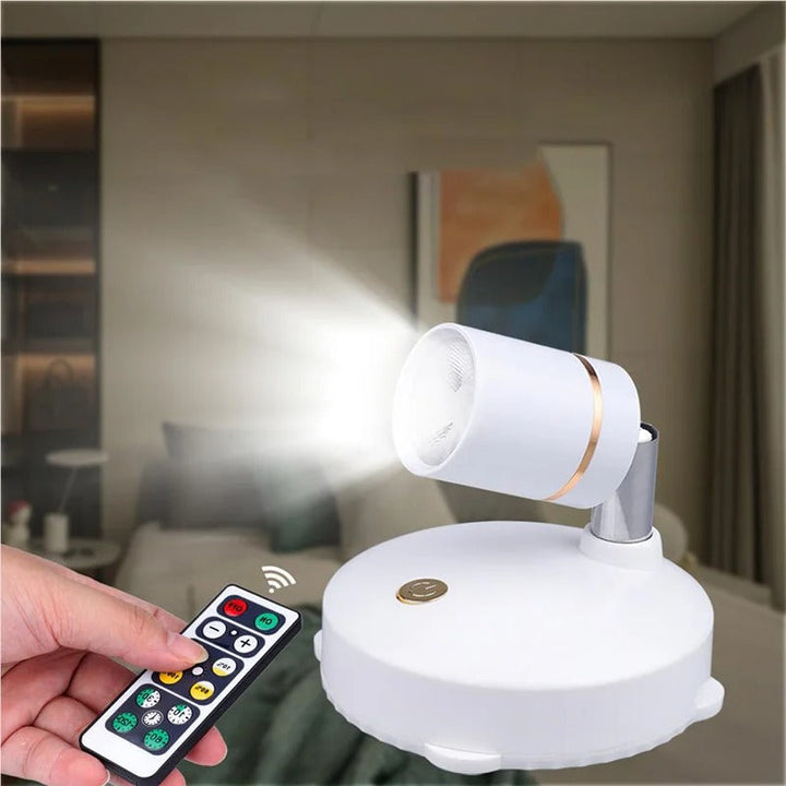 Bezprzewodowy reflektor LED z pilotem – ściemnialna, obrotowa lampa do montażu na ścianie, suficie lub szafce 0