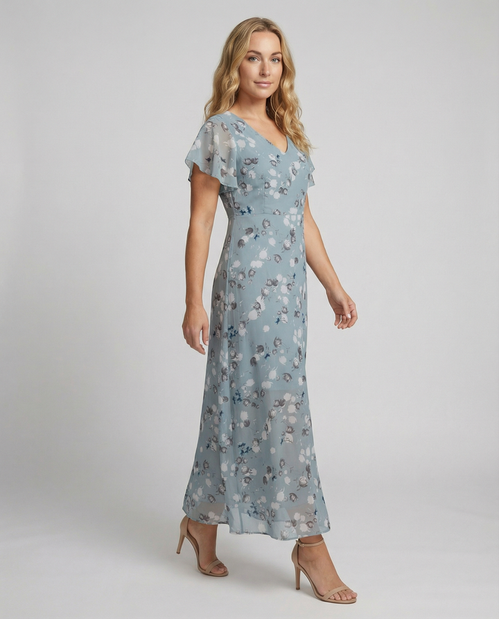 Damska Sukienka Maxi | Regularny Krój | Kwiatowy Print i Krótkie Rękawy | Letni Styl