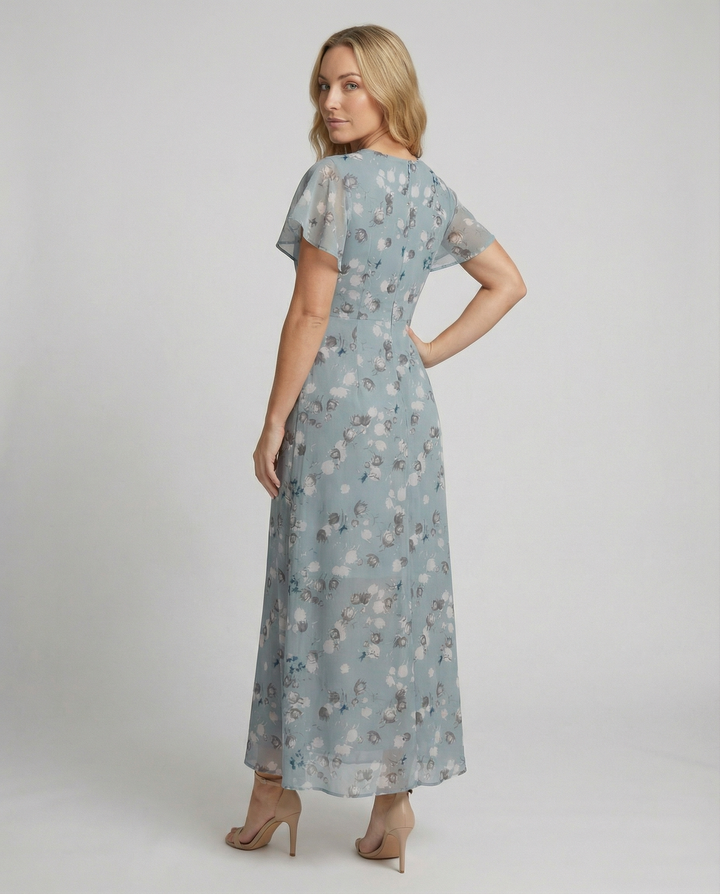Damska Sukienka Maxi | Regularny Krój | Kwiatowy Print i Krótkie Rękawy | Letni Styl