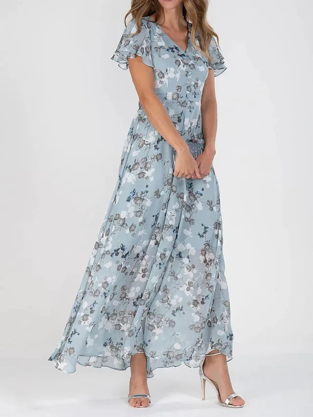 Damska Sukienka Maxi | Regularny Krój | Kwiatowy Print i Krótkie Rękawy | Letni Styl