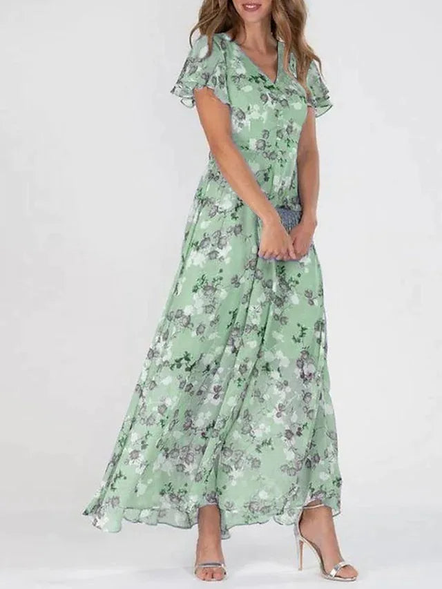 Damska Sukienka Maxi | Regularny Krój | Kwiatowy Print i Krótkie Rękawy | Letni Styl