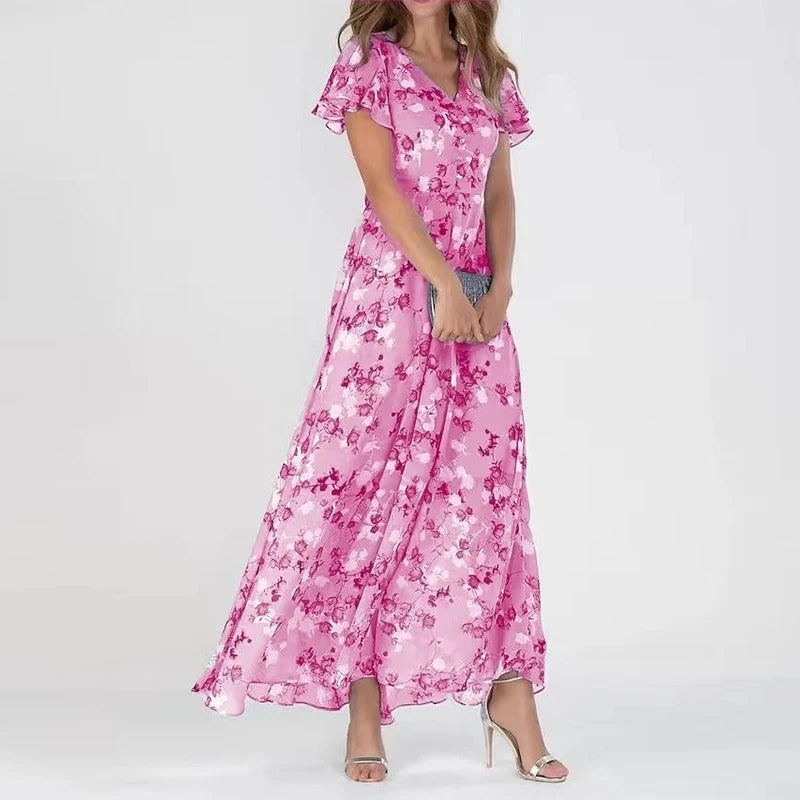 Damska Sukienka Maxi | Regularny Krój | Kwiatowy Print i Krótkie Rękawy | Letni Styl