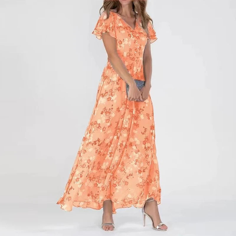 Damska Sukienka Maxi | Regularny Krój | Kwiatowy Print i Krótkie Rękawy | Letni Styl