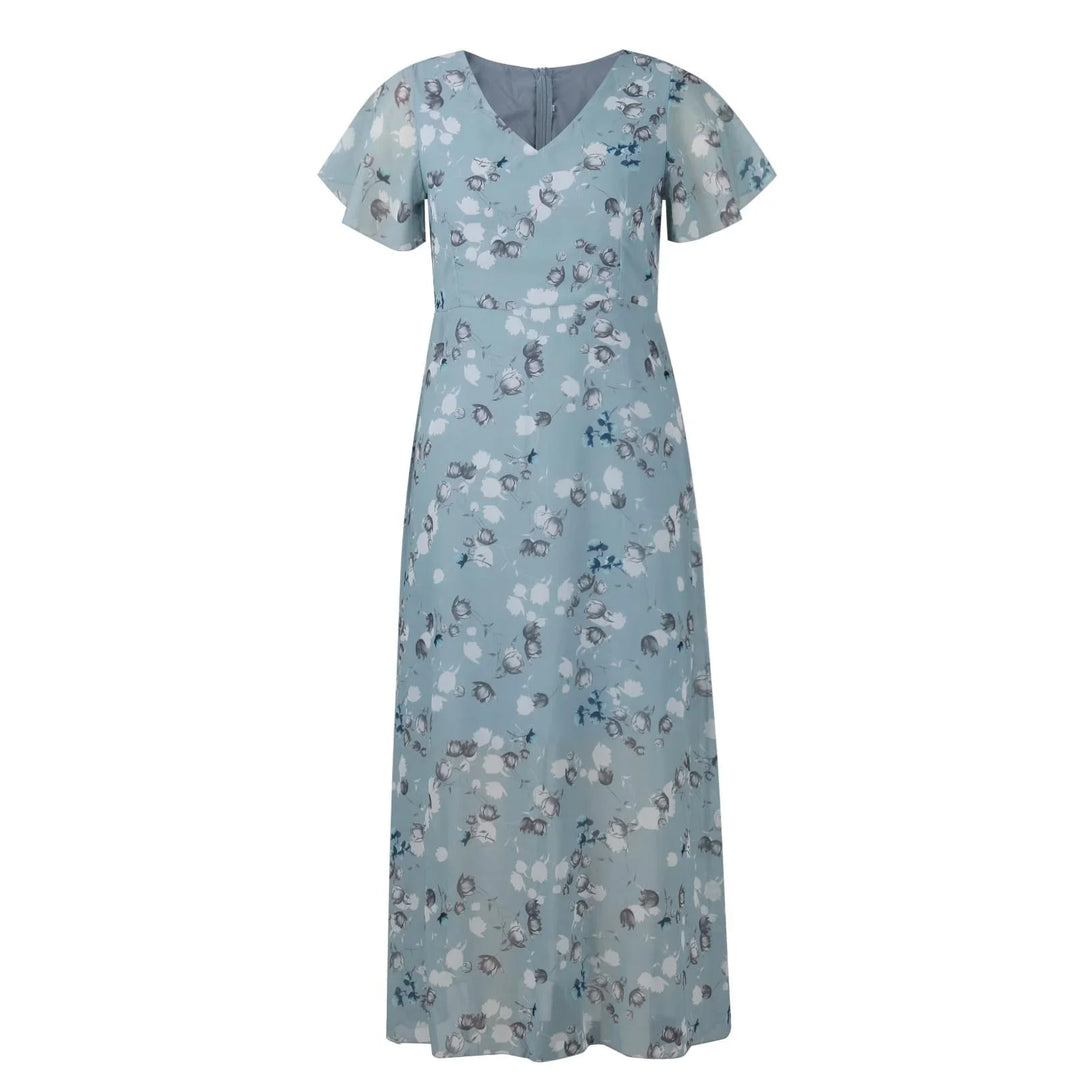 Damska Sukienka Maxi | Regularny Krój | Kwiatowy Print i Krótkie Rękawy | Letni Styl