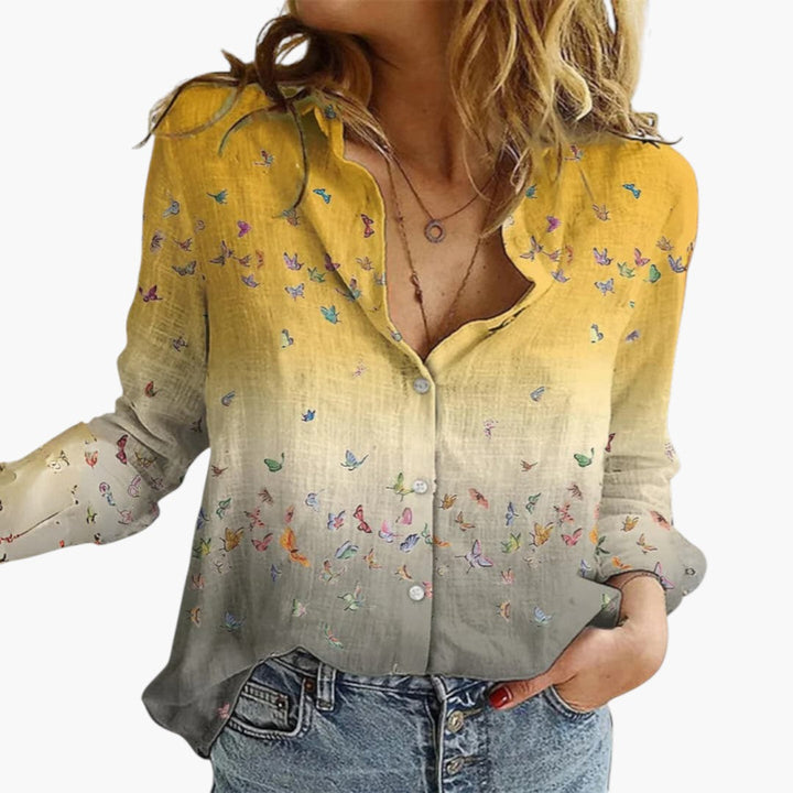 Women's Blouse | Loose Fit | Long Sleeve with V-Neck | Floral Casual