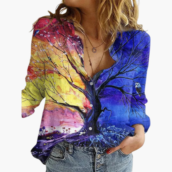 Women's Blouse with Floral Pattern | V-Neck and Button Closure | Artistic Everyday Style