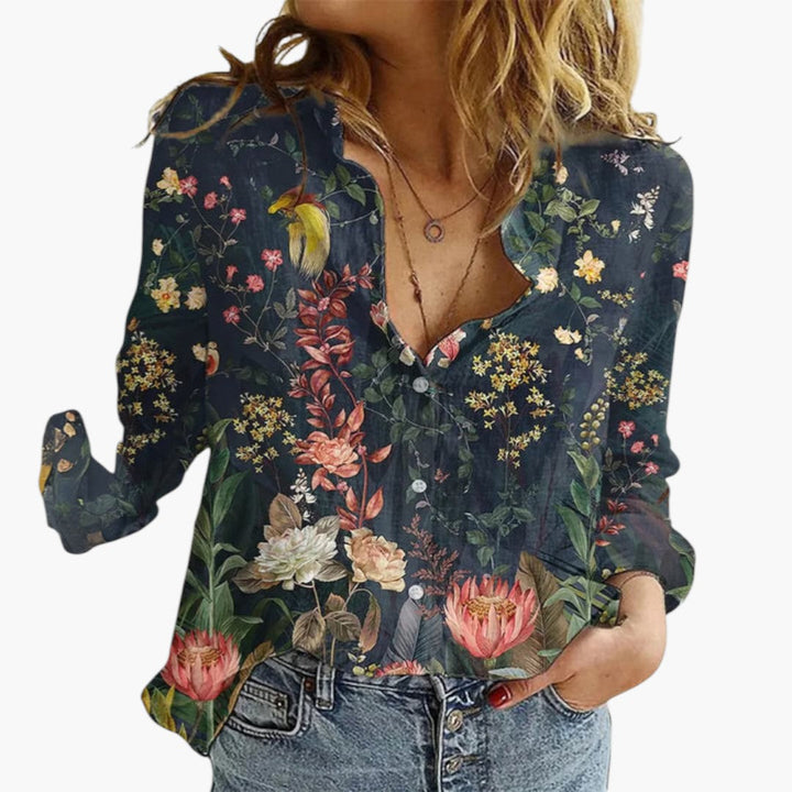Women's Blouse with Floral Pattern | V-Neck and Button Closure | Artistic Everyday Style