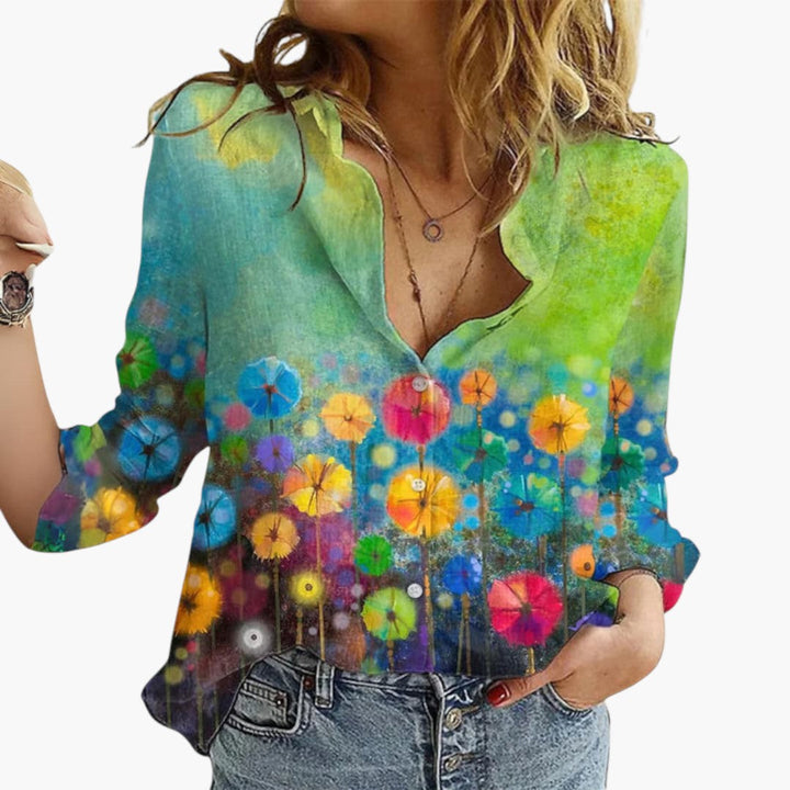 Women's Blouse with Floral Pattern | V-Neck and Button Closure | Artistic Everyday Style