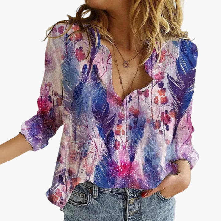 Women's Blouse with Floral Pattern | V-Neck and Button Closure | Artistic Everyday Style