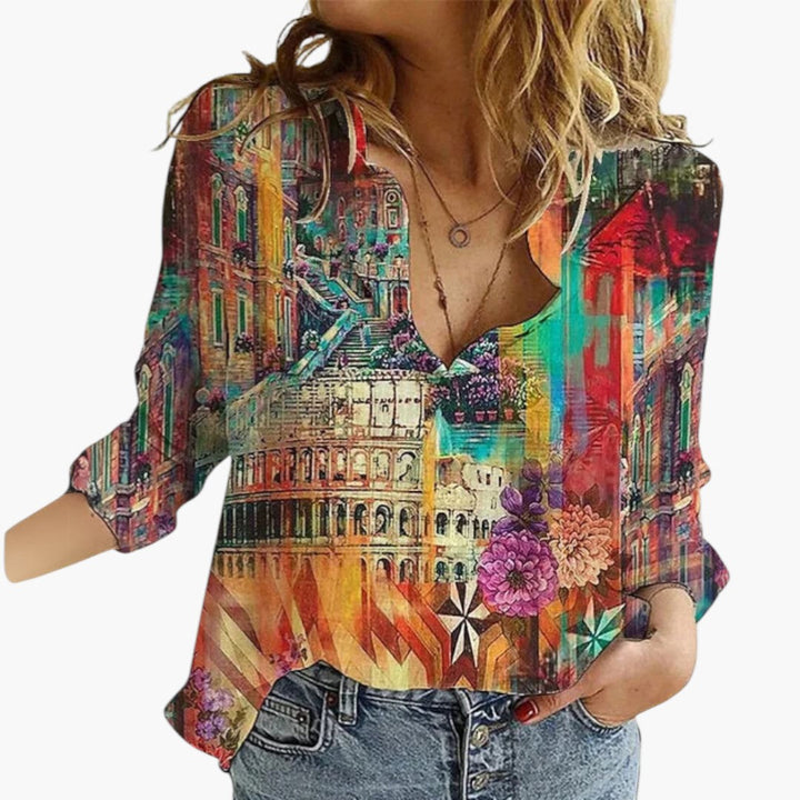 Women's Blouse with Floral Pattern | V-Neck and Button Closure | Artistic Everyday Style