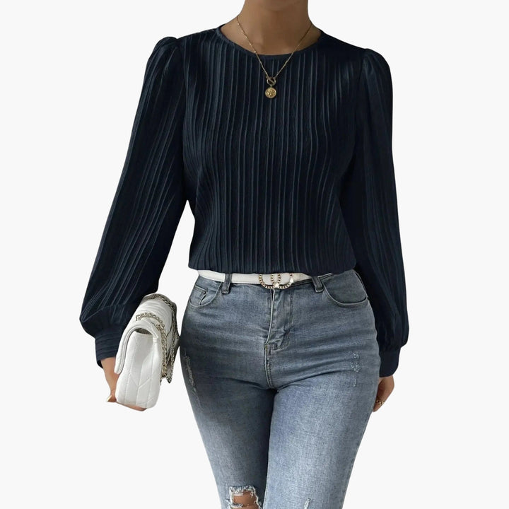 Women's Blouse with Round Neckline | Pleated Sleeves | Elegant Everyday Style