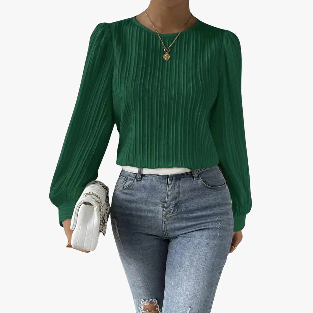 Women's Blouse with Round Neckline | Pleated Sleeves | Elegant Everyday Style