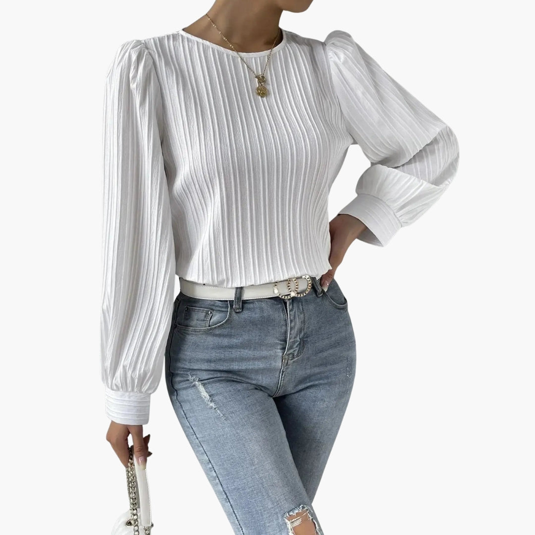 Women's Blouse with Round Neckline | Pleated Sleeves | Elegant Everyday Style