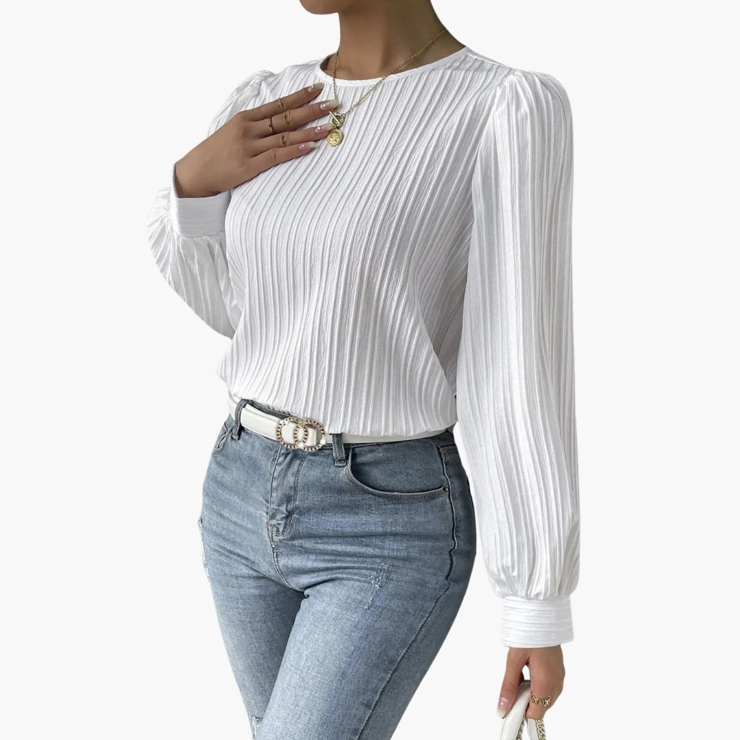 Women's Blouse with Round Neckline | Pleated Sleeves | Elegant Everyday Style