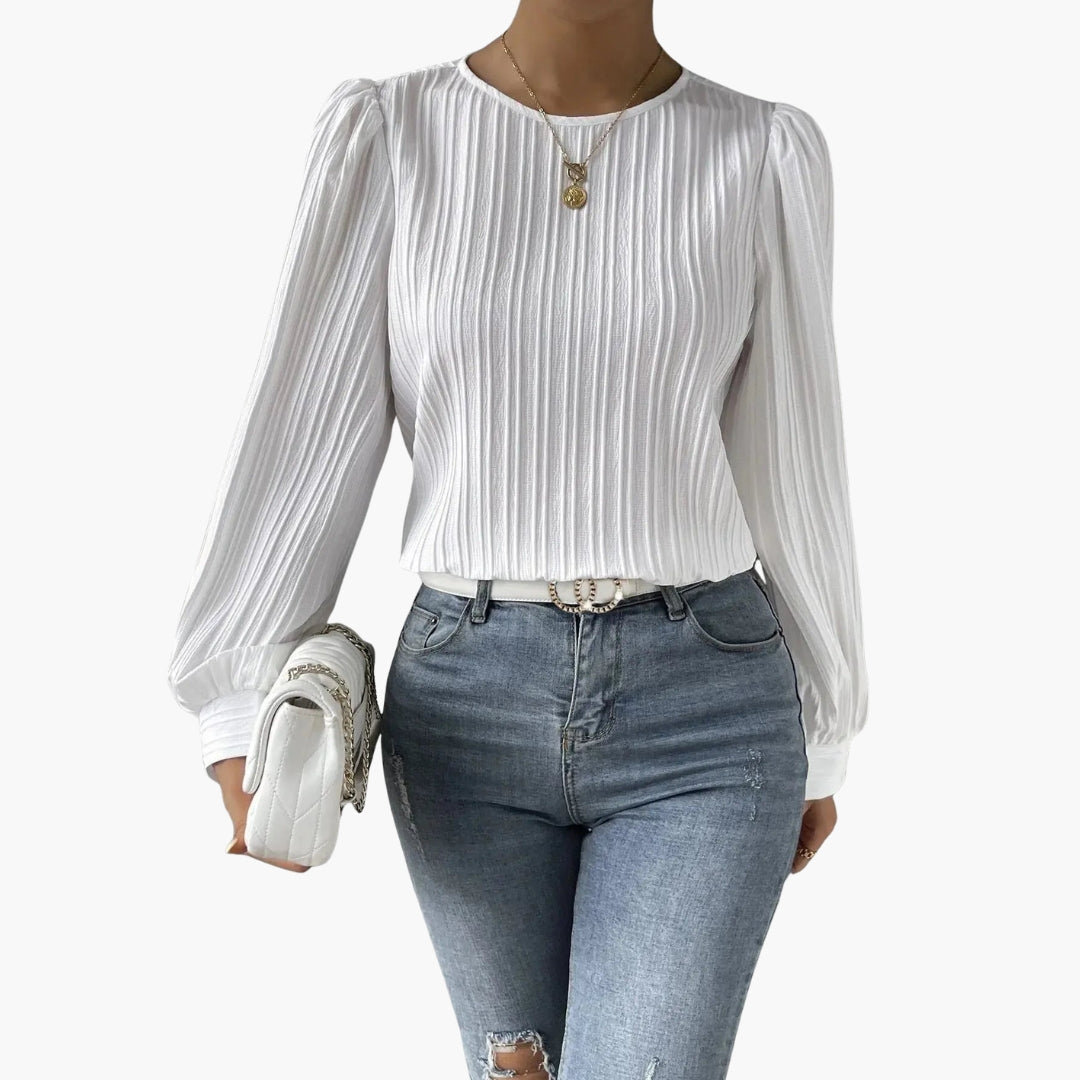 Women's Blouse with Round Neckline | Pleated Sleeves | Elegant Everyday Style