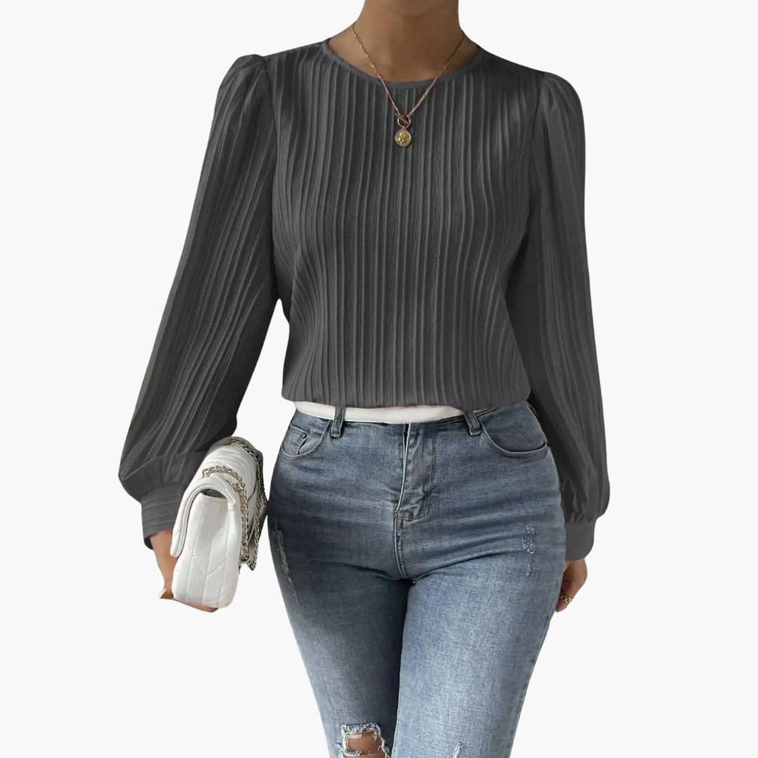 Women's Blouse with Round Neckline | Pleated Sleeves | Elegant Everyday Style