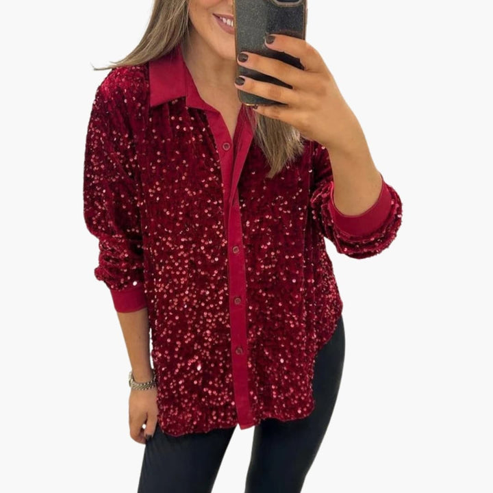 Women's Shirt with a Shiny Effect | Classic Collar and Shiny Details | Elegant Evening Look