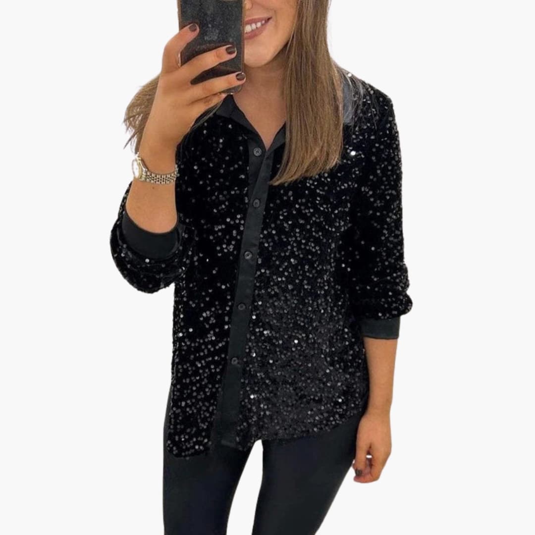 Women's Shirt with a Shiny Effect | Classic Collar and Shiny Details | Elegant Evening Look