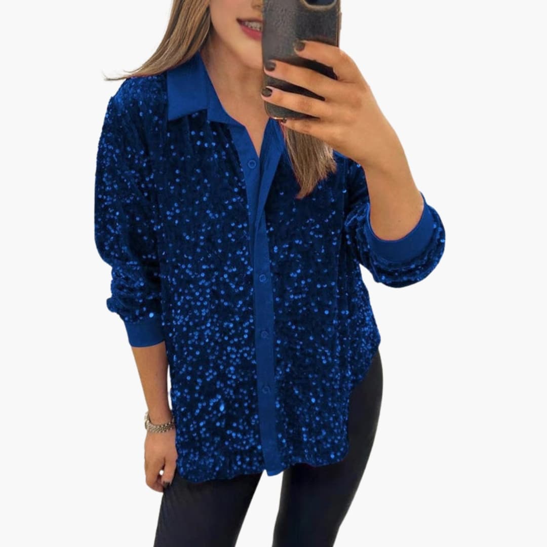 Women's Shirt with a Shiny Effect | Classic Collar and Shiny Details | Elegant Evening Look