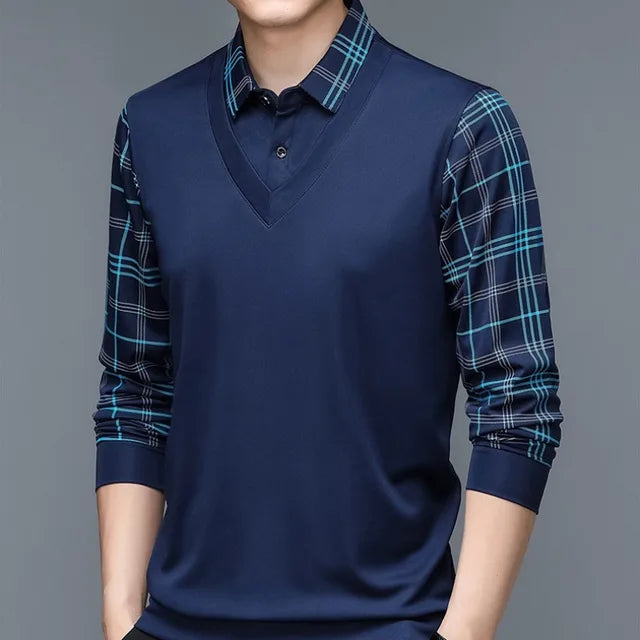 Men's Long Sleeve Shirt with Checkered Sleeves | Casual Style