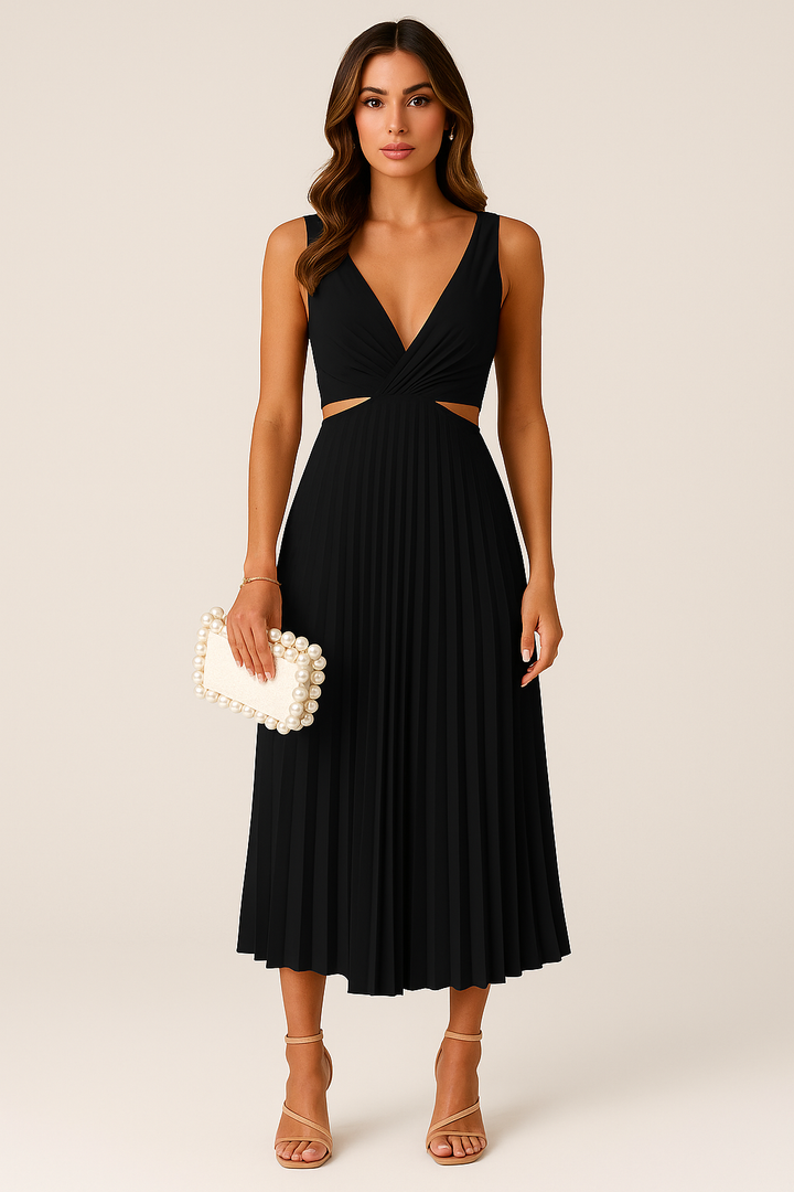 Women's Sleeveless Midi Dress with V-Neck | Pleated Skirt