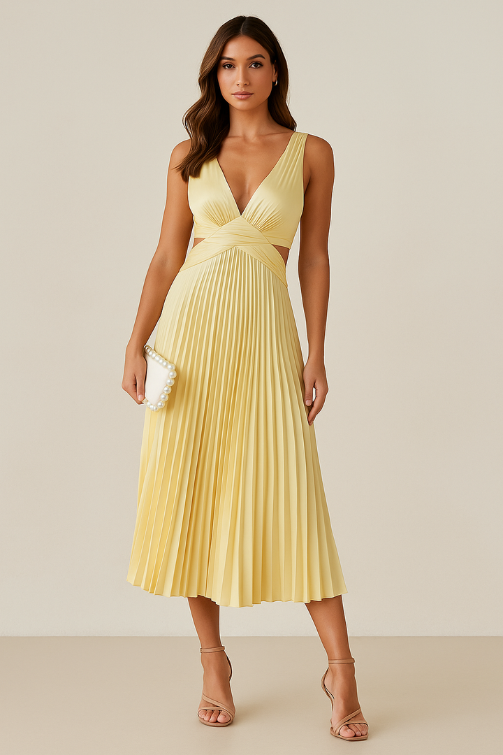 Women's Sleeveless Midi Dress with V-Neck | Pleated Skirt