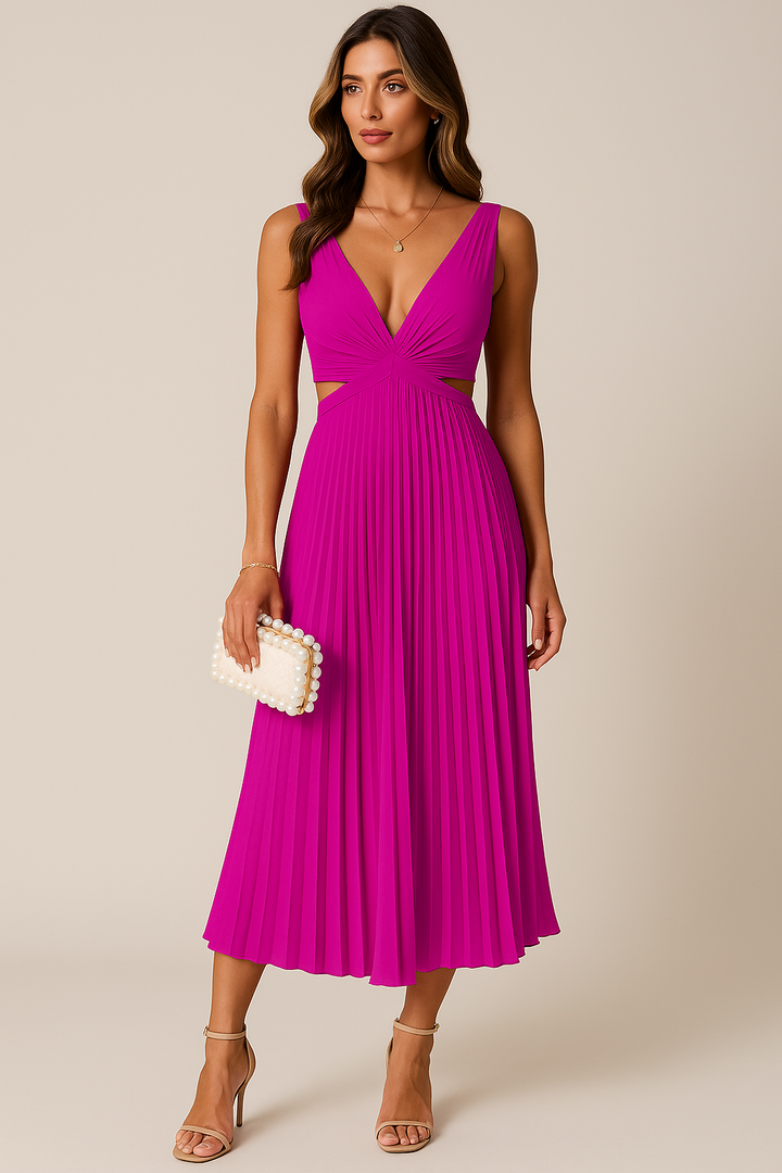 Women's V-Neck Pleated Skirt Dress with Waist Cutouts Sleeveless | Midi
