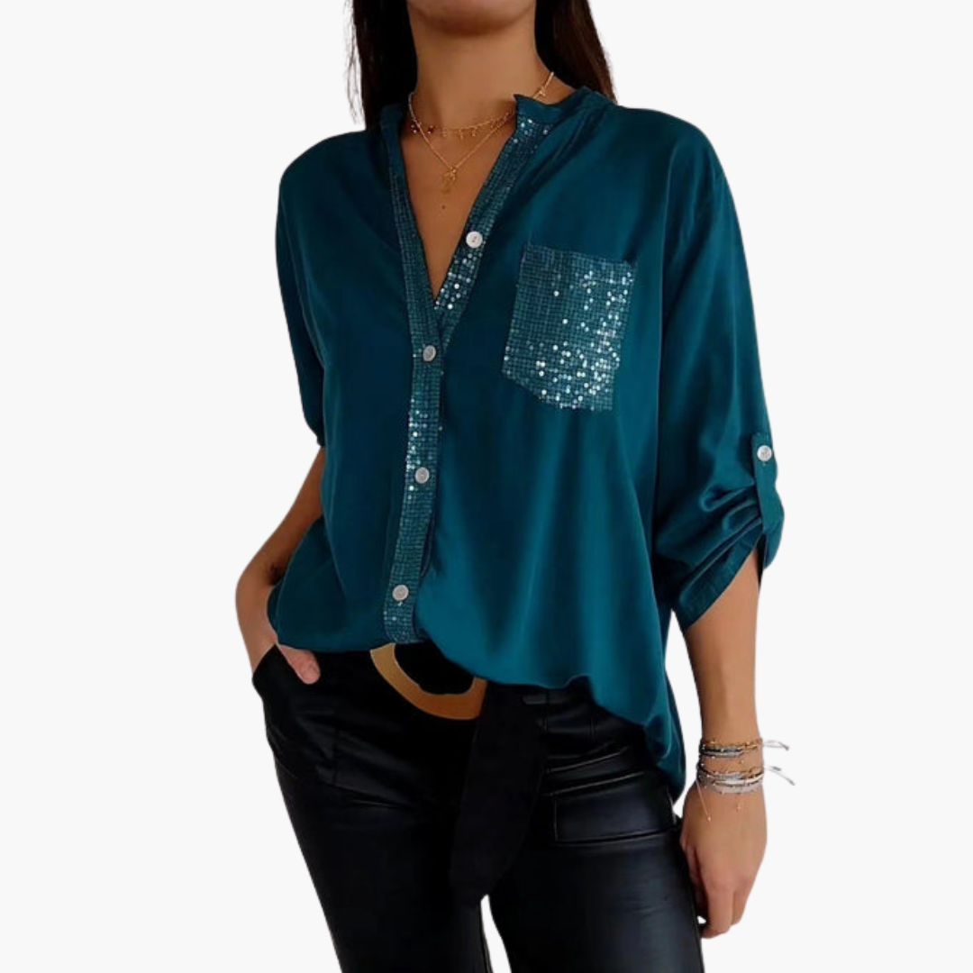 Women's Button-Up Shirt with Shiny Pocket | Sequins