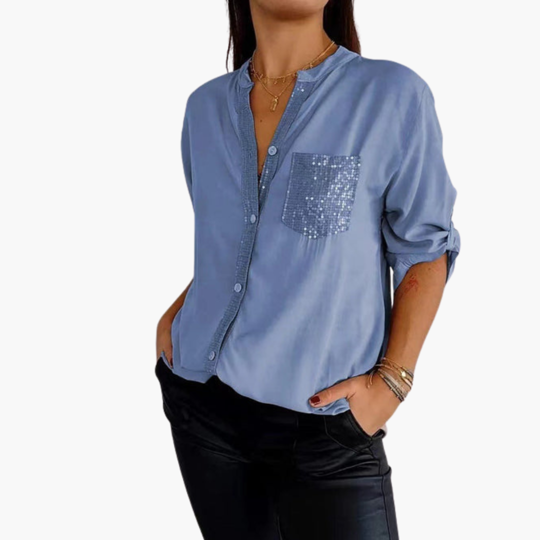 Women's Button-Up Shirt with Shiny Pocket | Sequins