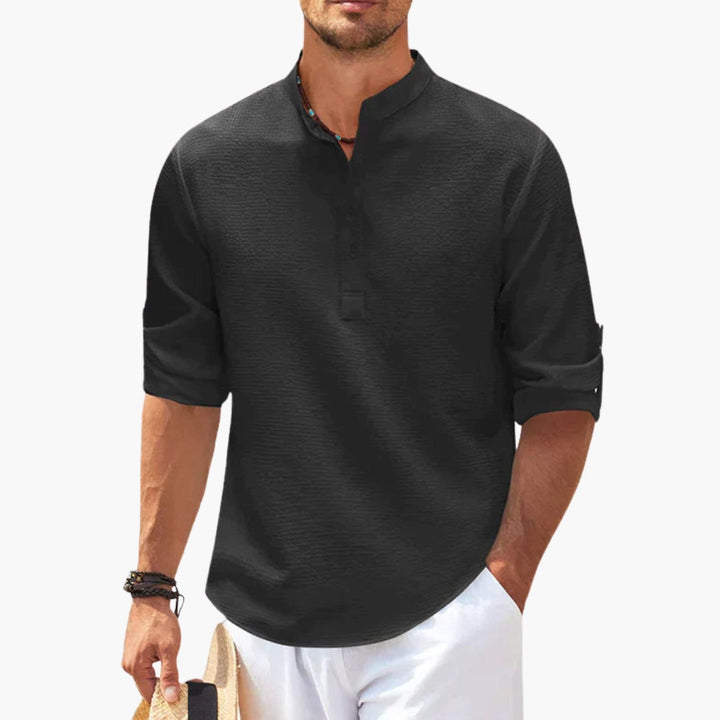 Męska Koszulka Henley Stójka Rękaw 3/4 Luźny Krój | Casualowy