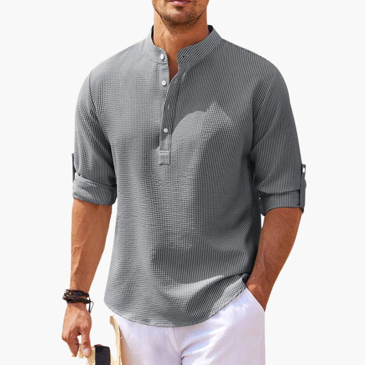 Męska Koszulka Henley Stójka Rękaw 3/4 Luźny Krój | Casualowy