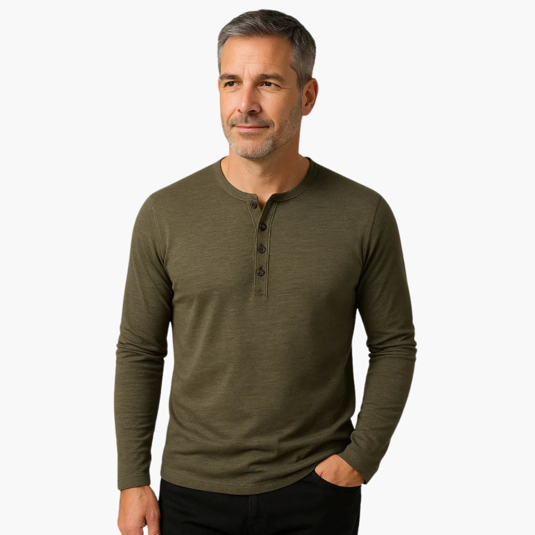Men's Casual Henley Shirt | Long Sleeve and Rounded Hem | Everyday Casual Style