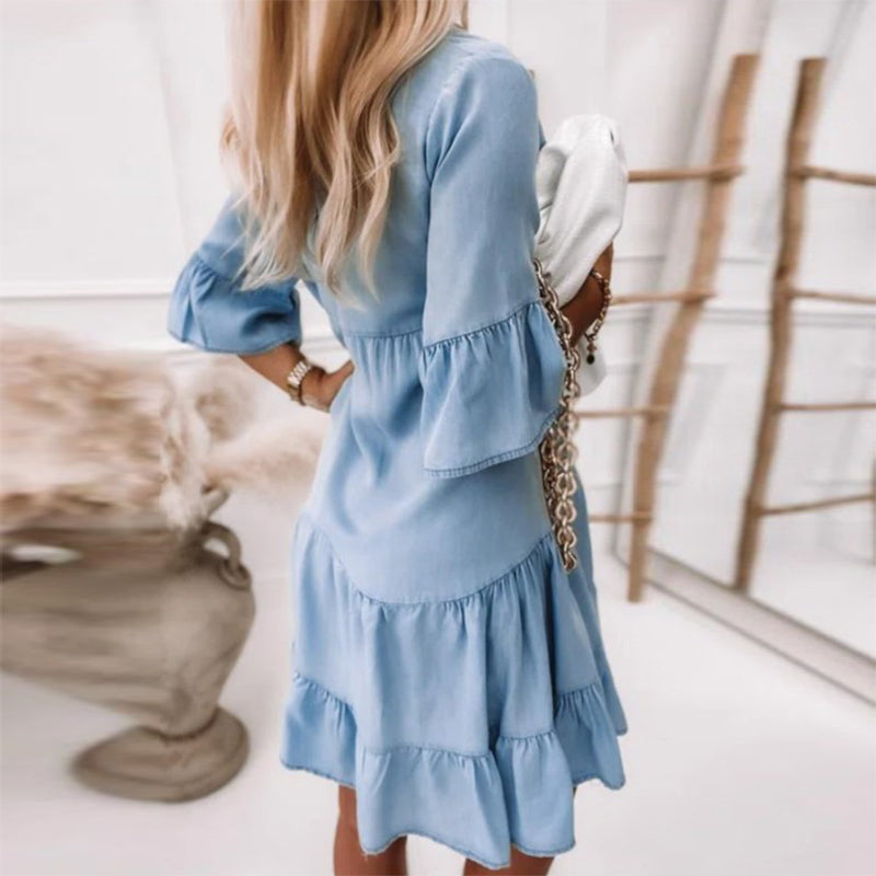 Nadia | Women's Blue Shirt Dress with Ruffle