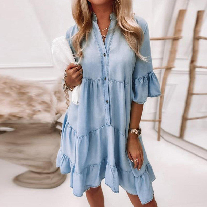 Nadia | Women's Blue Shirt Dress with Ruffle