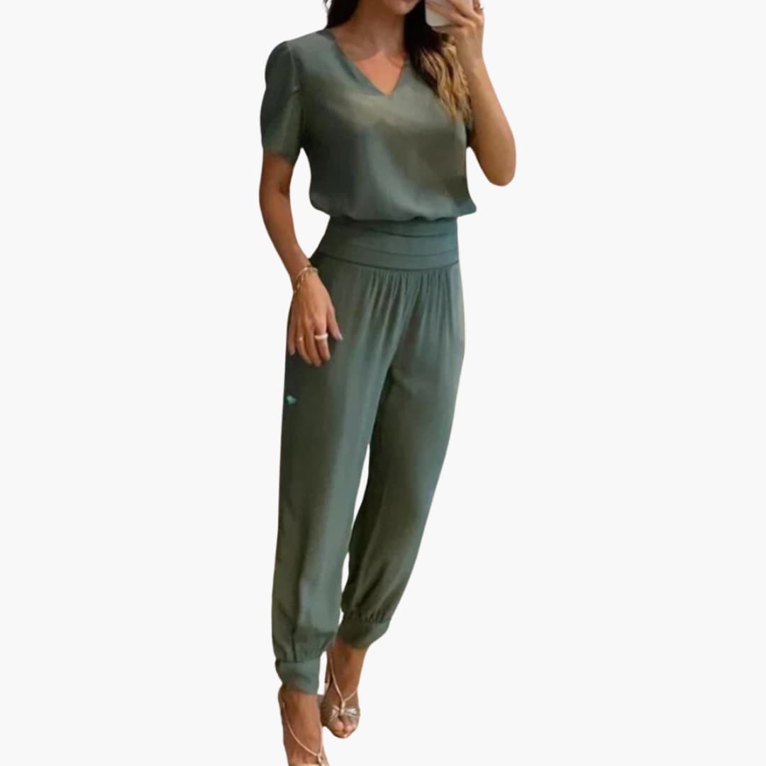 Women's Jumpsuit with V-Neck | Short Sleeve and Tapered Legs | Everyday Style