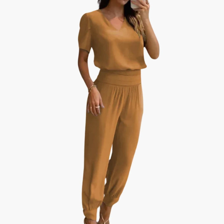 Women's Jumpsuit with V-Neck | Short Sleeve and Tapered Legs | Everyday Style