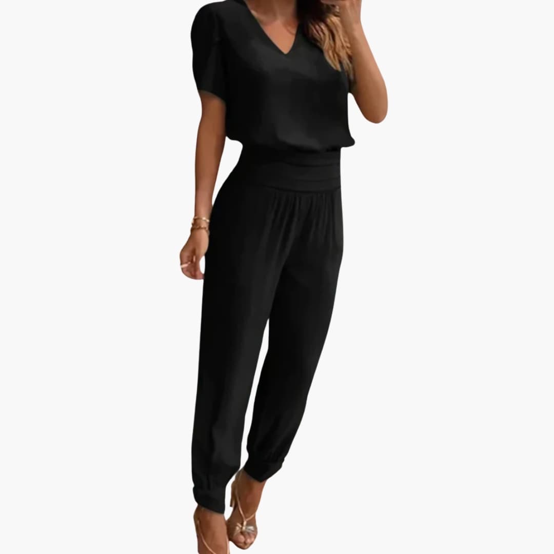 Women's Jumpsuit with V-Neck | Short Sleeve and Tapered Legs | Everyday Style