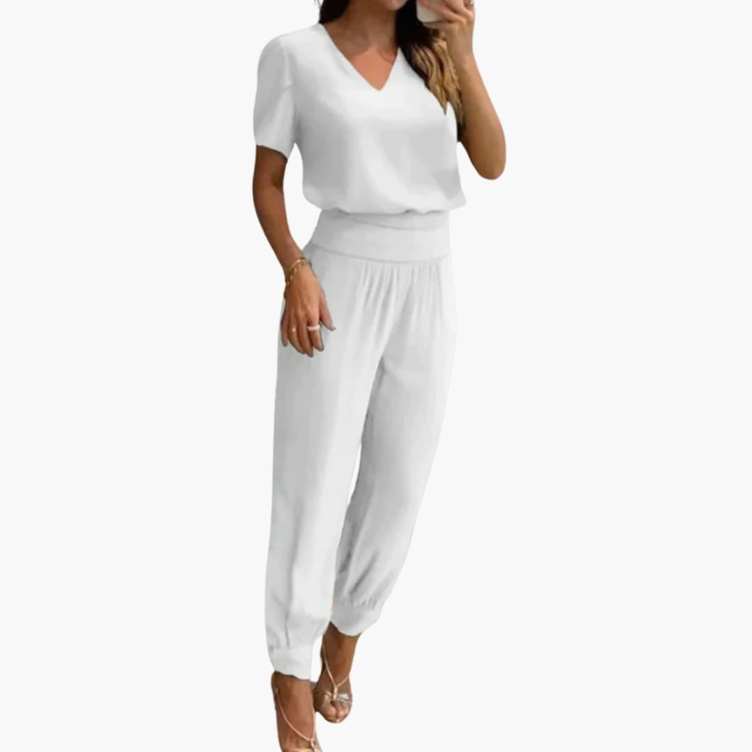 Women's Jumpsuit with V-Neck | Short Sleeve and Tapered Legs | Everyday Style