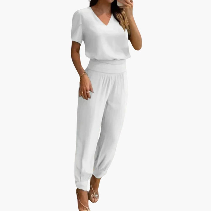 Women's Jumpsuit with V-Neck | Short Sleeve and Tapered Legs | Everyday Style