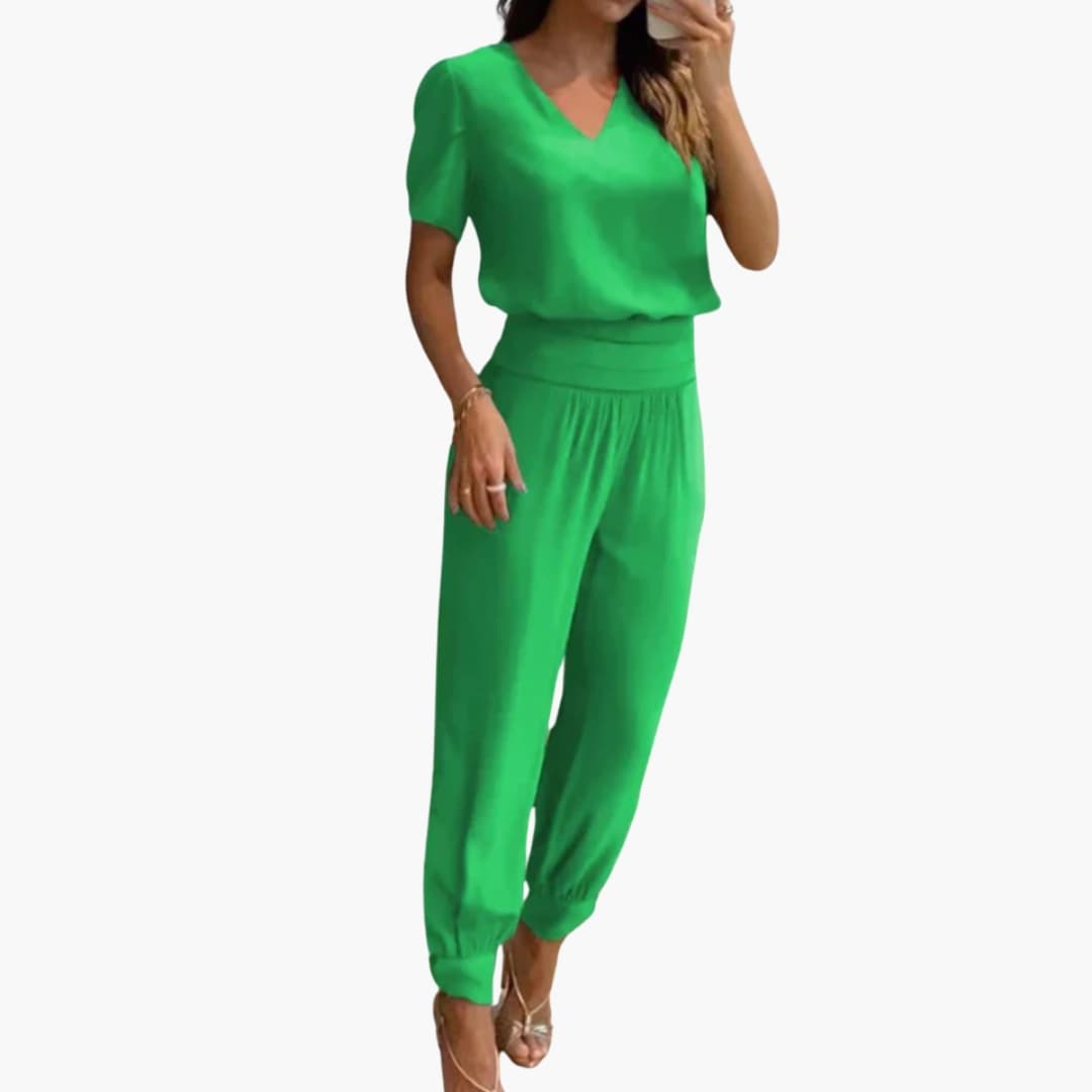 Women's Jumpsuit with V-Neck | Short Sleeve and Tapered Legs | Everyday Style