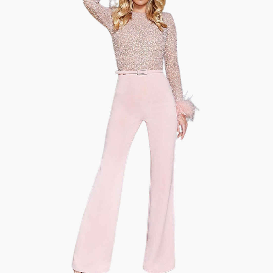 Women's Jumpsuit with Sequins, Long Sleeves, and Feather Cuffs | Glamour Style