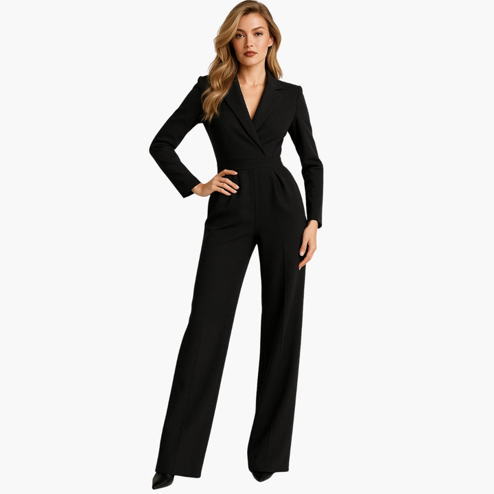 Women's Jumpsuit with Collar and Flaps and Long Sleeves | Wide-Leg Cut