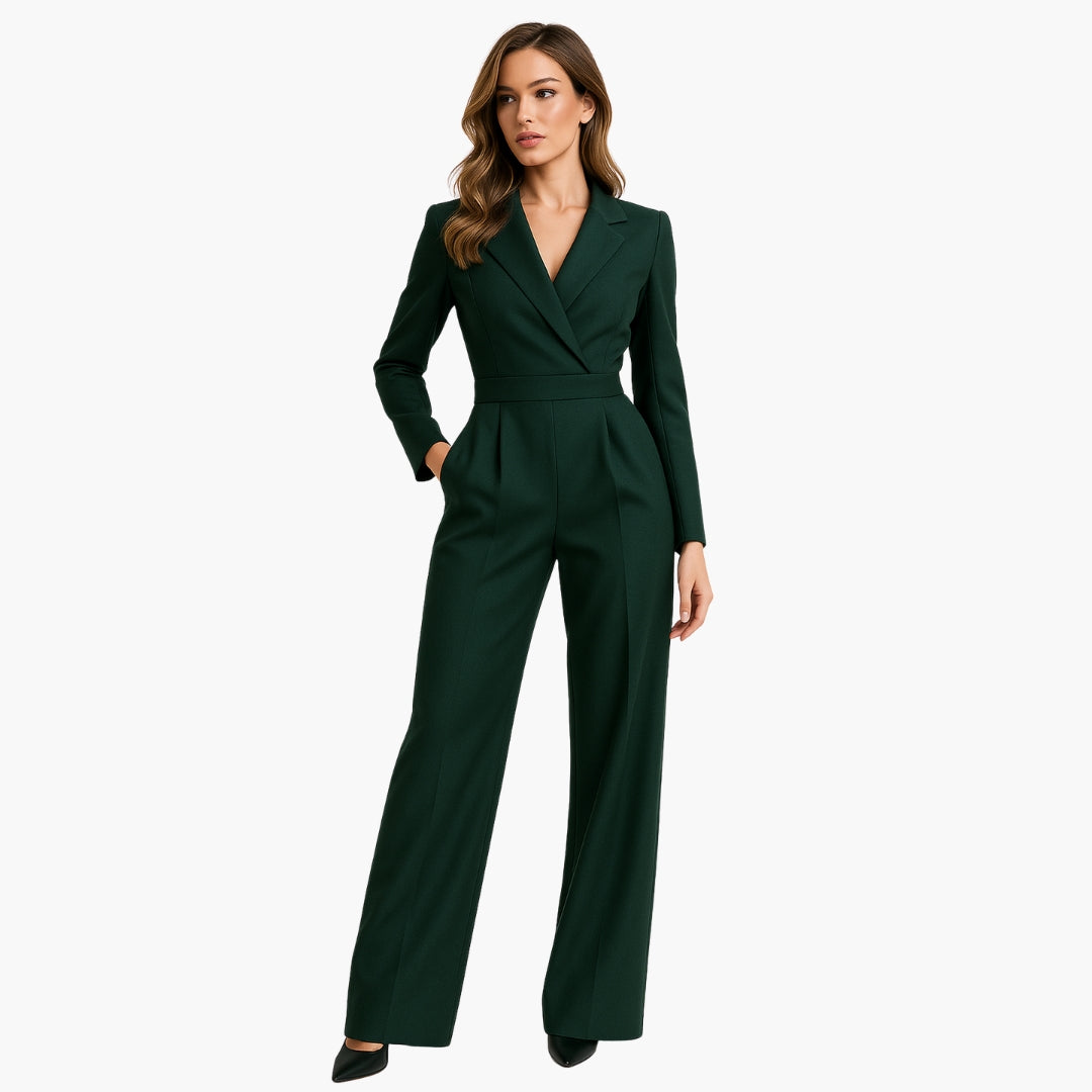 Women's Jumpsuit with Collar and Flaps and Long Sleeves | Wide-Leg Cut